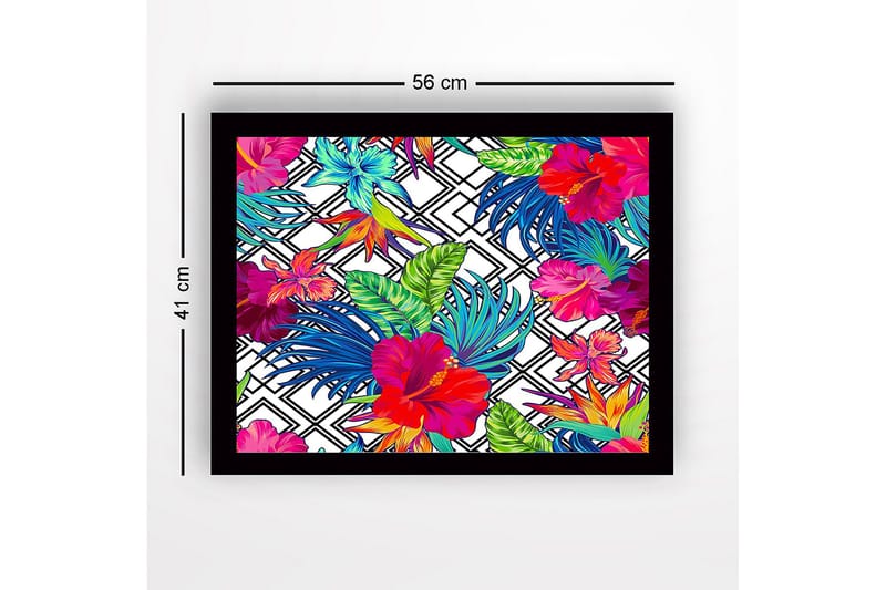 Inramad Canvastavla i trä - 41x56 cm - Färgrik tropisk blomsterdesign med hibiskusar och bladverk - Röd / Grön / Blå - Inredning - Tavlor & konst