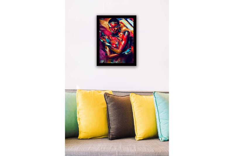 Inramad Canvastavla i trä - 41x56 cm - Färgstark kroppsmålning av en kvinna som uttrycker känslor genom rörelse och färg - Röd / Blå / Gul - Inredning - Tavlor & konst