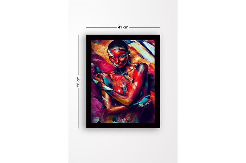 Inramad Canvastavla i trä - 41x56 cm - Färgstark kroppsmålning av en kvinna som uttrycker känslor genom rörelse och färg - Röd / Blå / Gul - Inredning - Tavlor & konst