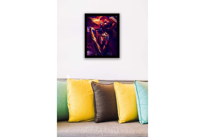 Inramad Canvastavla i trä - 41x56 cm - Färgstark porträtt av en naken modell med abstrakt kroppsmålning - Mörkröd / Blå / Guld - Inredning - Tavlor & konst