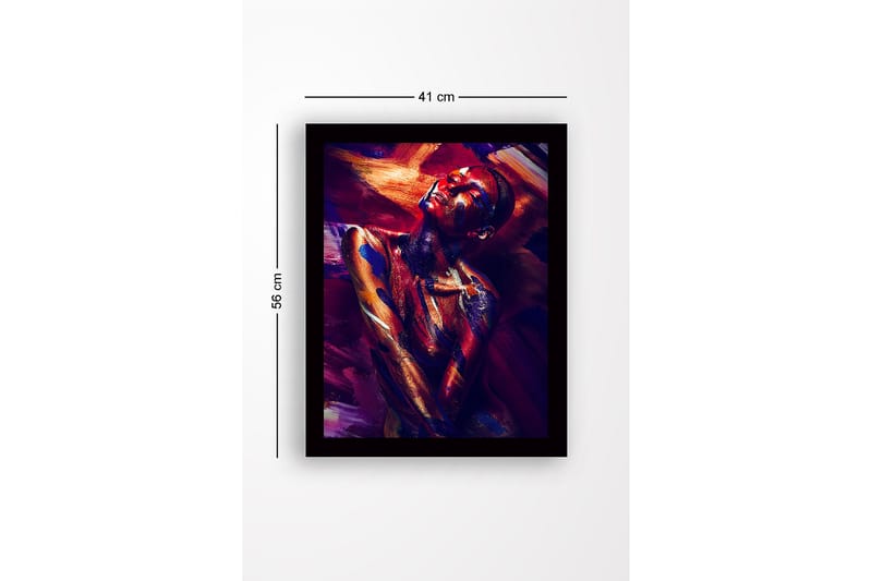 Inramad Canvastavla i trä - 41x56 cm - Färgstark porträtt av en naken modell med abstrakt kroppsmålning - Mörkröd / Blå / Guld - Inredning - Tavlor & konst