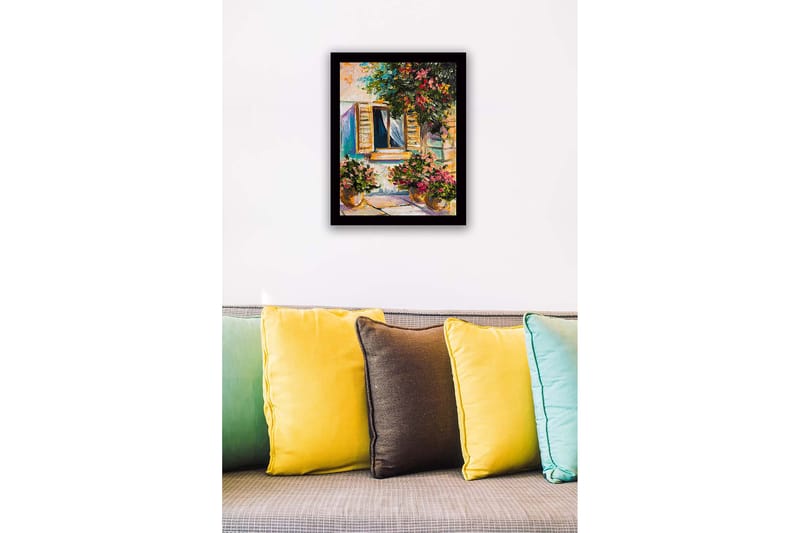 Inramad Canvastavla i trä - 41x56 cm - Fönster med blomsterkrukor i en solig miljö - Grön / Rosa / Gul - Inredning - Tavlor & konst
