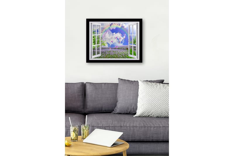 Inramad Canvastavla i trä - 41x56 cm - Fönsterutsikt över en blomstrande äng med fjärilar och en regnbåge - Lila / Grön / Blå - Inredning - Tavlor & konst
