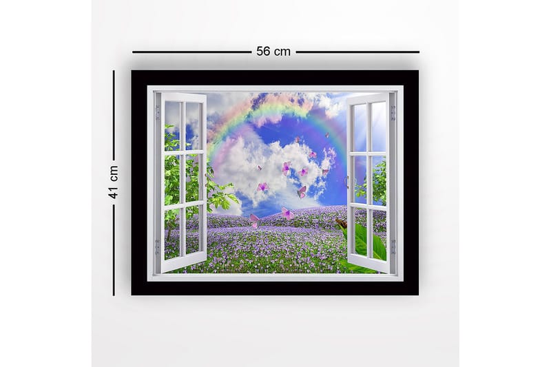 Inramad Canvastavla i trä - 41x56 cm - Fönsterutsikt över en blomstrande äng med fjärilar och en regnbåge - Lila / Grön / Blå - Inredning - Tavlor & konst
