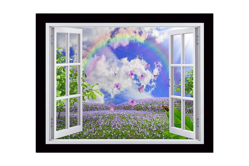 Inramad Canvastavla i trä - 41x56 cm - Fönsterutsikt över en blomstrande äng med fjärilar och en regnbåge - Lila / Grön / Blå - Inredning - Tavlor & konst