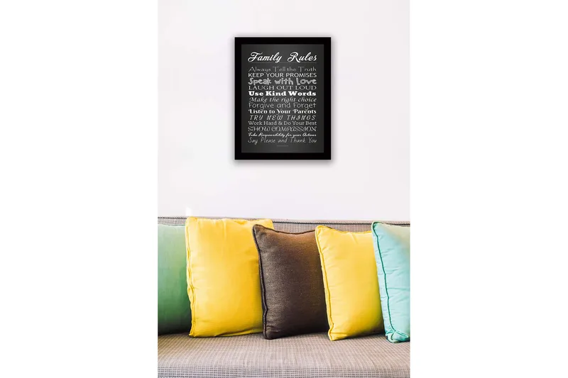 Inramad Canvastavla i trä - 41x56 cm - Familjeregelverk med inspirerande budskap - Vit / Svart - Inredning - Tavlor & konst