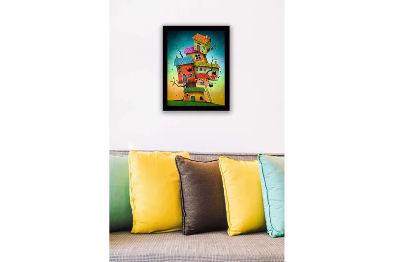 Inramad Canvastavla i trä - 41x56 cm - Fantasifull byggnad med flera färgglada hus staplade på varandra - Röd / Grön / Blå - Inredning - Tavlor & konst