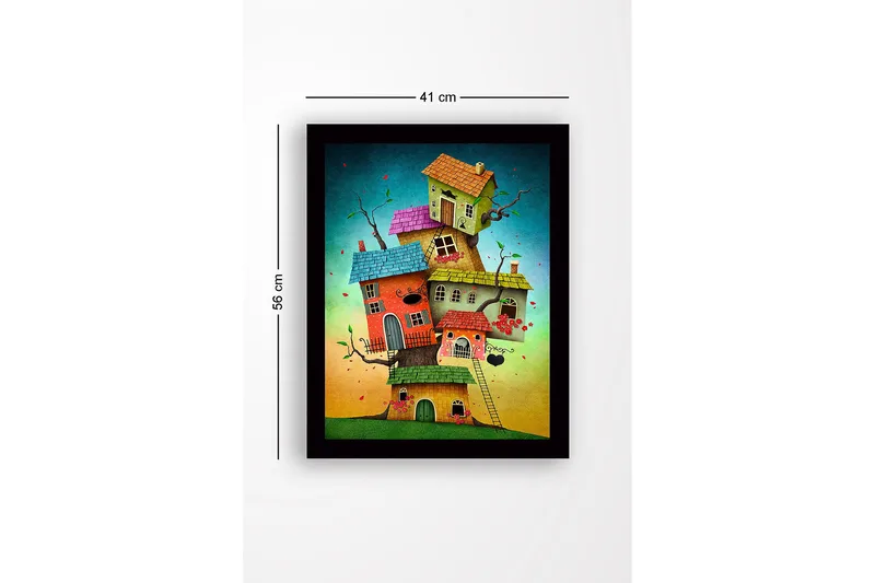 Inramad Canvastavla i trä - 41x56 cm - Fantasifull byggnad med flera färgglada hus staplade på varandra - Röd / Grön / Blå - Inredning - Tavlor & konst