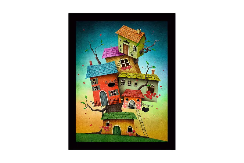 Inramad Canvastavla i trä - 41x56 cm - Fantasifull byggnad med flera färgglada hus staplade på varandra - Röd / Grön / Blå - Inredning - Tavlor & konst
