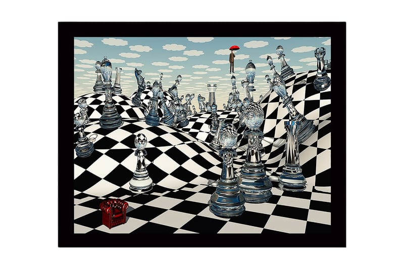 Inramad Canvastavla i trä - 41x56 cm - Fantasifull schacklandskap med genomskinliga schackpjäser och en figur med ett paraply, Blå / Svart / Vit