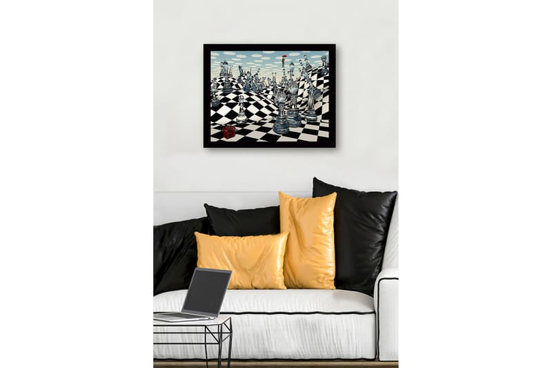 Inramad Canvastavla i trä - 41x56 cm - Fantasifull schacklandskap med genomskinliga schackpjäser och en figur med ett paraply - Blå / Svart / Vit - Inredning - Tavlor & konst