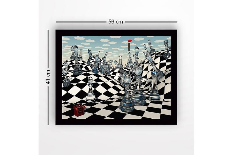 Inramad Canvastavla i trä - 41x56 cm - Fantasifull schacklandskap med genomskinliga schackpjäser och en figur med ett paraply - Blå / Svart / Vit - Inredning - Tavlor & konst