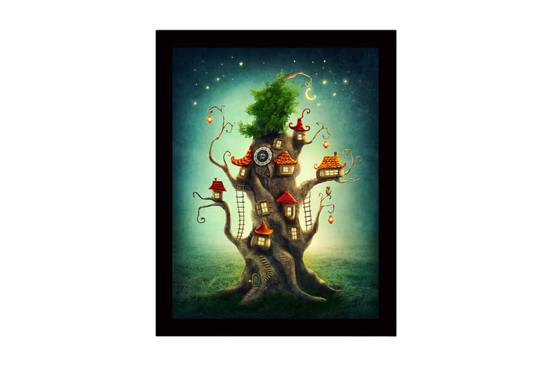 Inramad Canvastavla i trä - 41x56 cm - Fantasifullt träd med små hus och en grönskande krona, Grön / Brun / Röd