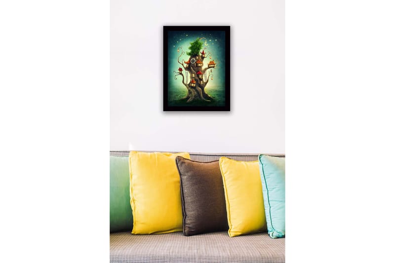 Inramad Canvastavla i trä - 41x56 cm - Fantasifullt träd med små hus och en grönskande krona - Grön / Brun / Röd - Inredning - Tavlor & konst