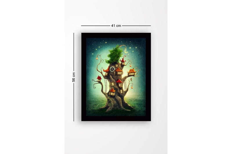 Inramad Canvastavla i trä - 41x56 cm - Fantasifullt träd med små hus och en grönskande krona - Grön / Brun / Röd - Inredning - Tavlor & konst
