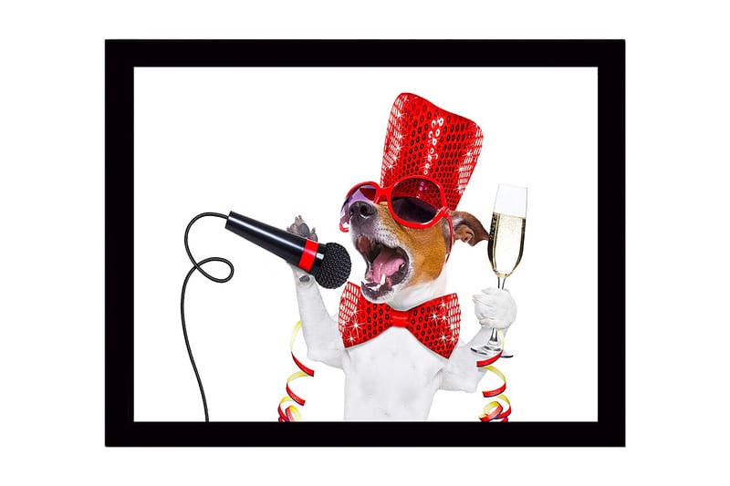 Inramad Canvastavla i trä - 41x56 cm - Festlig hund med mikrofon och champagneglas, Röd / Svart / Vit