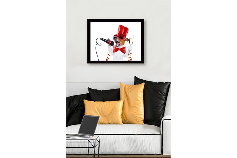 Inramad Canvastavla i trä - 41x56 cm - Festlig hund med mikrofon och champagneglas - Röd / Svart / Vit - Inredning - Tavlor & konst