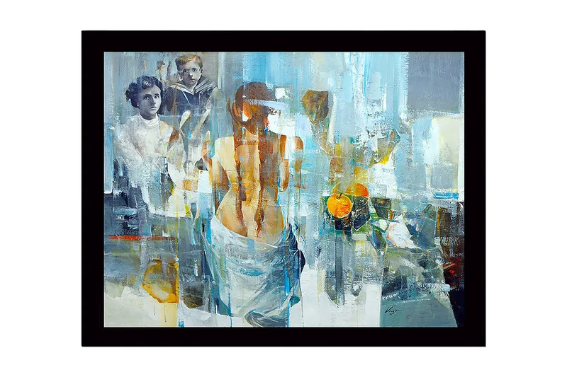 Inramad Canvastavla i trä - 41x56 cm - Figurativ komposition med en kvinna som vänder ryggen mot betraktaren och två barn i bakgrunden, Blå / Orange / Grå