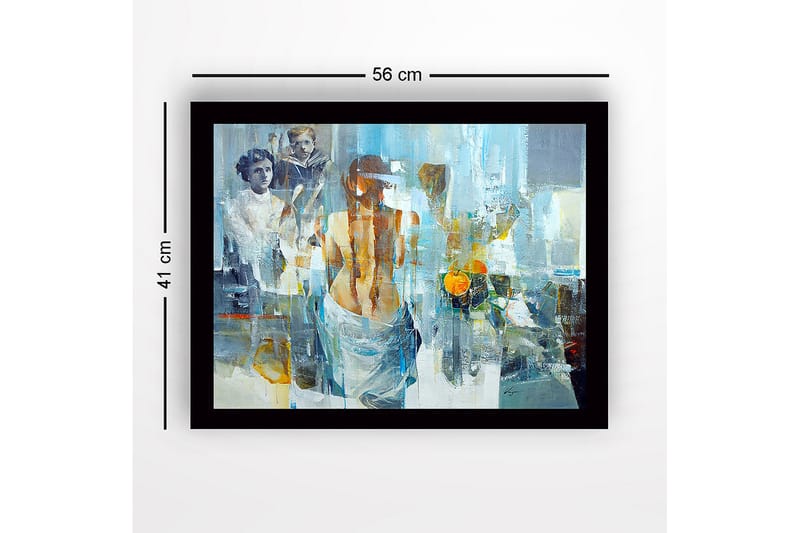 Inramad Canvastavla i trä - 41x56 cm - Figurativ komposition med en kvinna som vänder ryggen mot betraktaren och två barn i bakgrunden - Blå / Orange / Grå - Inredning - Tavlor & konst