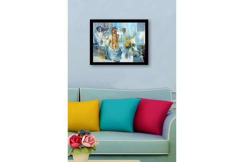 Inramad Canvastavla i trä - 41x56 cm - Figurativ komposition med en kvinna som vänder ryggen mot betraktaren och två barn i bakgrunden - Blå / Orange / Grå - Inredning - Tavlor & konst