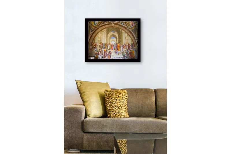 Inramad Canvastavla i trä - 41x56 cm - Filosofisk samling av tänkare i en stor arkitektonisk miljö - Blå / Beige / Röd - Inredning - Tavlor & konst