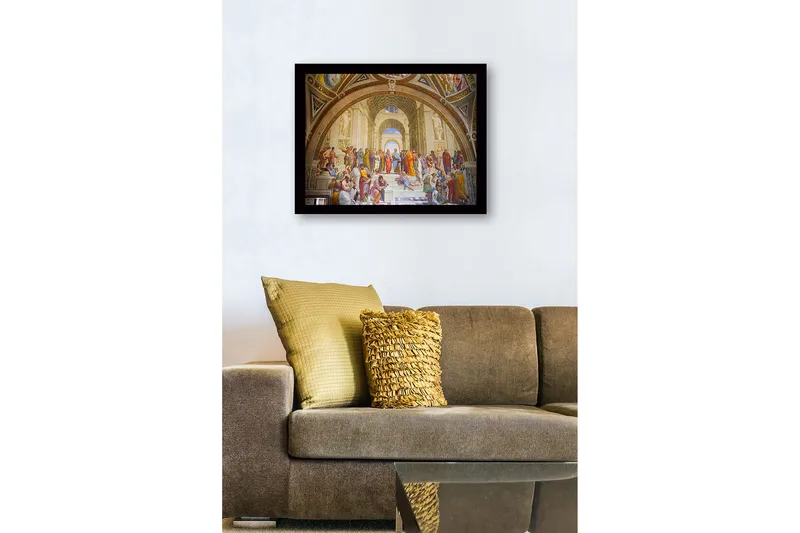 Inramad Canvastavla i trä - 41x56 cm - Filosofisk samling av tänkare i en stor arkitektonisk miljö - Blå / Beige / Röd - Inredning - Tavlor & konst