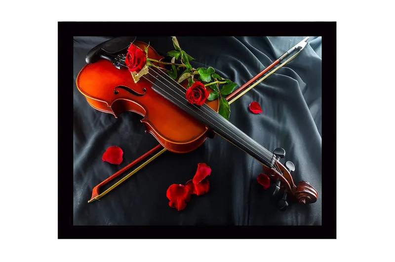 Inramad Canvastavla i trä - 41x56 cm - Fiol omgiven av röda rosor och rosenblad - Röd / Brun / Grön - Inredning - Tavlor & konst