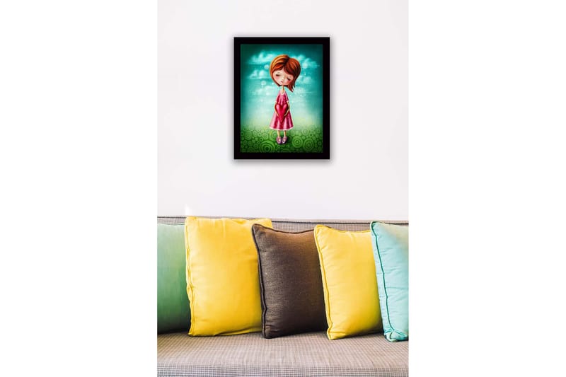 Inramad Canvastavla i trä - 41x56 cm - Flicka som håller ett hjärta i händerna - Turkos / Rosa / Grön - Inredning - Tavlor & konst