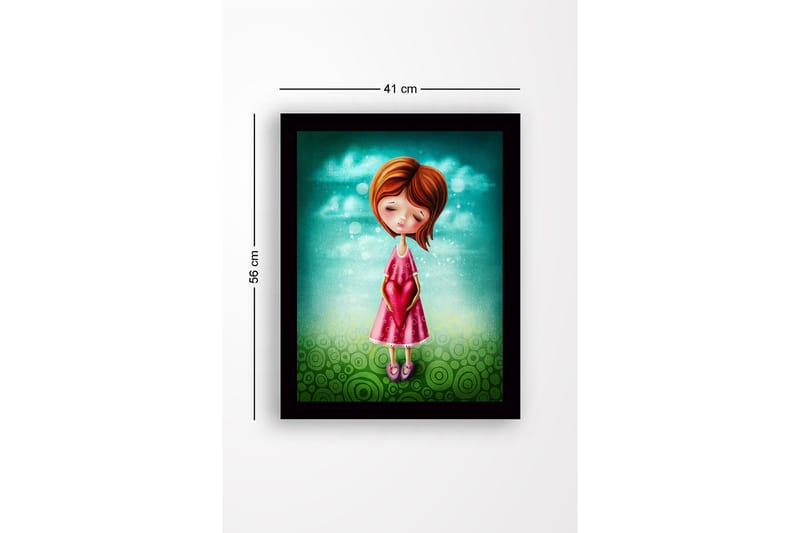 Inramad Canvastavla i trä - 41x56 cm - Flicka som håller ett hjärta i händerna - Turkos / Rosa / Grön - Inredning - Tavlor & konst