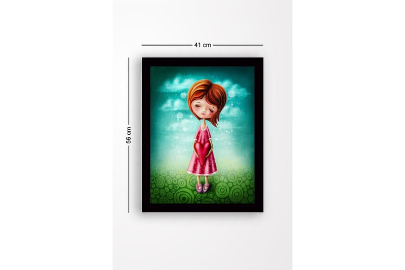 Inramad Canvastavla i trä - 41x56 cm - Flicka som håller ett hjärta i händerna - Turkos / Rosa / Grön - Inredning - Tavlor & konst