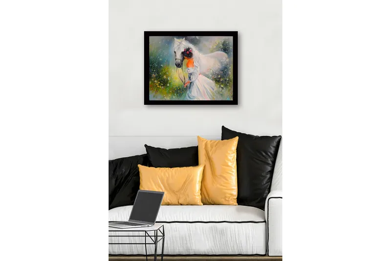 Inramad Canvastavla i trä - 41x56 cm - Flicka som leder en vit häst i en blomstrande äng - Vit / Grön / Orange - Inredning - Tavlor & konst