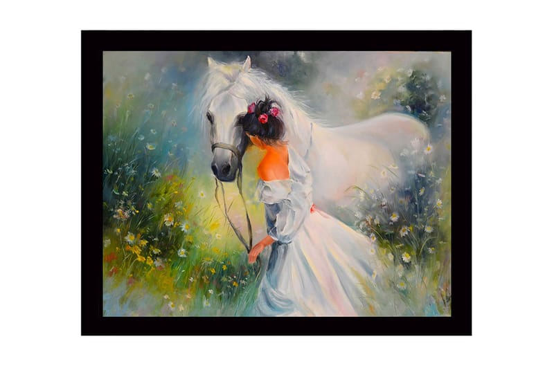 Inramad Canvastavla i trä - 41x56 cm - Flicka som leder en vit häst i en blomstrande äng - Vit / Grön / Orange - Inredning - Tavlor & konst