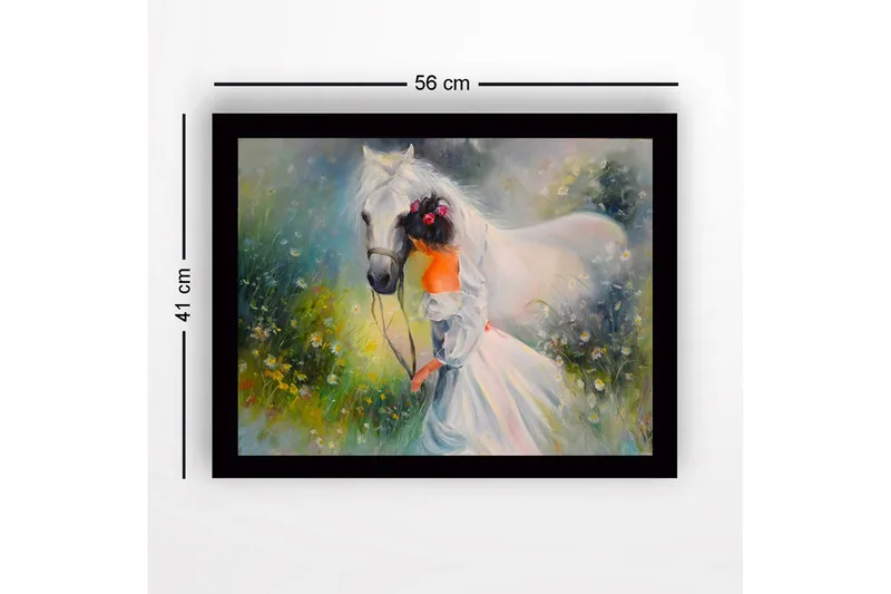 Inramad Canvastavla i trä - 41x56 cm - Flicka som leder en vit häst i en blomstrande äng - Vit / Grön / Orange - Inredning - Tavlor & konst