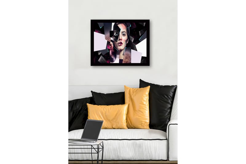 Inramad Canvastavla i trä - 41x56 cm - Fragmenterad porträtt av en kvinna med geometriska former - Svart / Rosa / Ljusblå - Inredning - Tavlor & konst