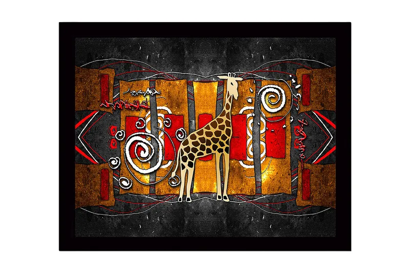 Inramad Canvastavla i trä - 41x56 cm - Giraff i en färgglad, abstrakt komposition, Guld / Röd / Svart