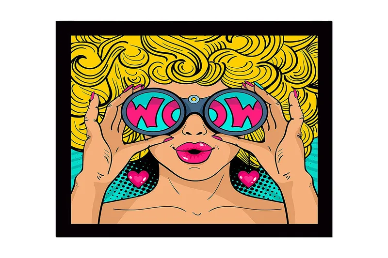 Inramad Canvastavla i trä - 41x56 cm - Glamourös kvinna med stora solglasögon och lockigt blont hår - Gul / Rosa / Turkos - Inredning - Tavlor & konst