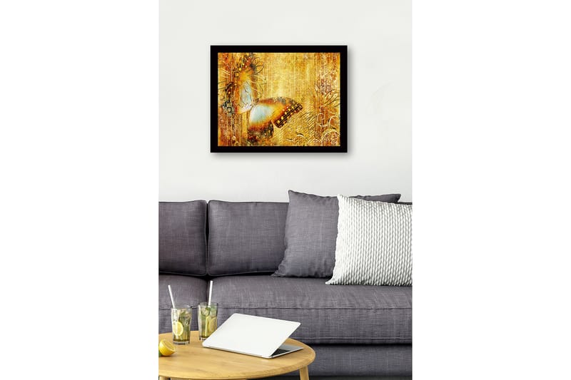 Inramad Canvastavla i trä - 41x56 cm - Glittrande fjäril i gyllene omgivning - Guld / Brunt / Blått - Inredning - Tavlor & konst