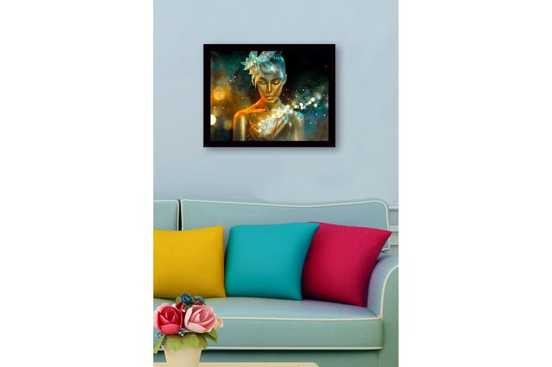 Inramad Canvastavla i trä - 41x56 cm - Glittrande kvinna med gyllene hud och en blomma i håret - Guld / Turkos / Orange - Inredning - Tavlor & konst