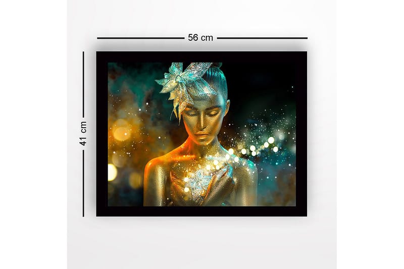 Inramad Canvastavla i trä - 41x56 cm - Glittrande kvinna med gyllene hud och en blomma i håret - Guld / Turkos / Orange - Inredning - Tavlor & konst
