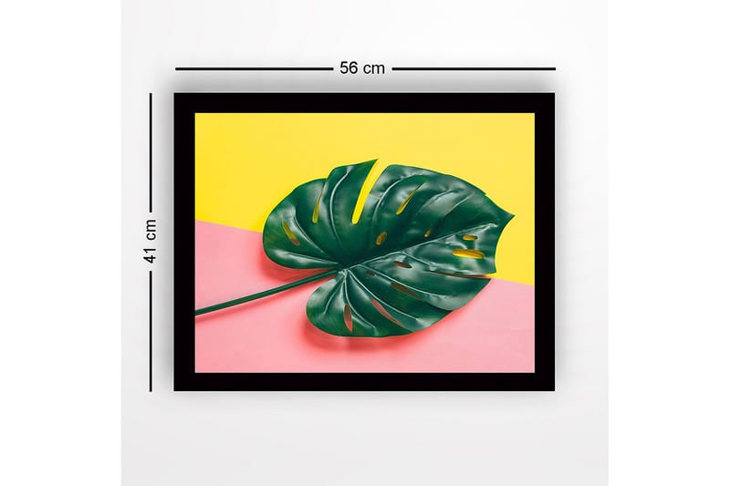 Inramad Canvastavla i trä - 41x56 cm - Grön monstera-blad mot en färgglad bakgrund - Grön / Gul / Rosa - Inredning - Tavlor & konst