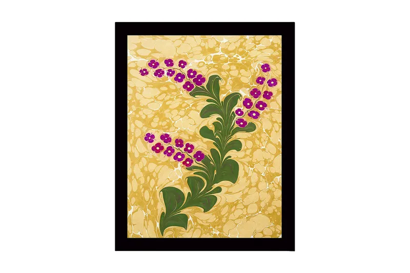 Inramad Canvastavla i trä - 41x56 cm - Grön växt med lila blommor mot en gyllene bakgrund, Guld / Grön / Lila