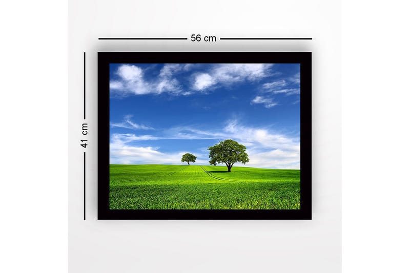 Inramad Canvastavla i trä - 41x56 cm - Grönskande landskap med två träd under en blå himmel - Grön / Blå - Inredning - Tavlor & konst