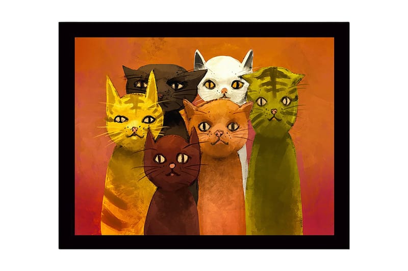 Inramad Canvastavla i trä - 41x56 cm - Grupp av färgglada katter med olika uttryck - Gul / Grön / Orange - Inredning - Tavlor & konst