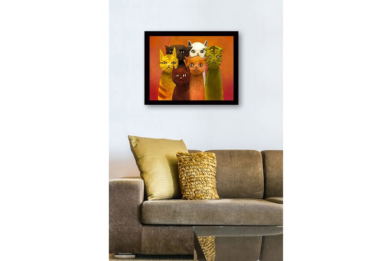 Inramad Canvastavla i trä - 41x56 cm - Grupp av färgglada katter med olika uttryck - Gul / Grön / Orange - Inredning - Tavlor & konst