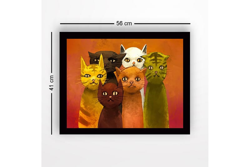 Inramad Canvastavla i trä - 41x56 cm - Grupp av färgglada katter med olika uttryck - Gul / Grön / Orange - Inredning - Tavlor & konst