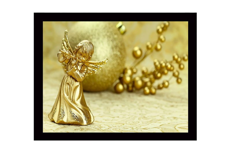 Inramad Canvastavla i trä - 41x56 cm - Guldängel som spelar på en flöjt, Guld / Beige