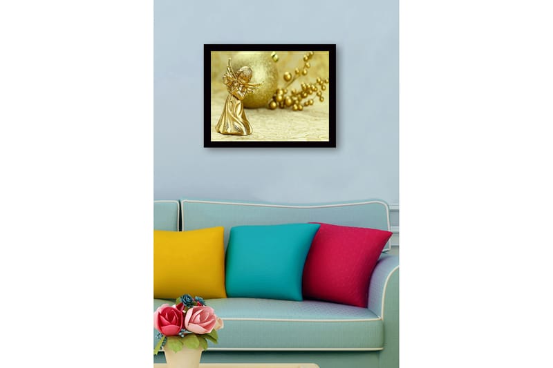 Inramad Canvastavla i trä - 41x56 cm - Guldängel som spelar på en flöjt - Guld / Beige - Inredning - Tavlor & konst