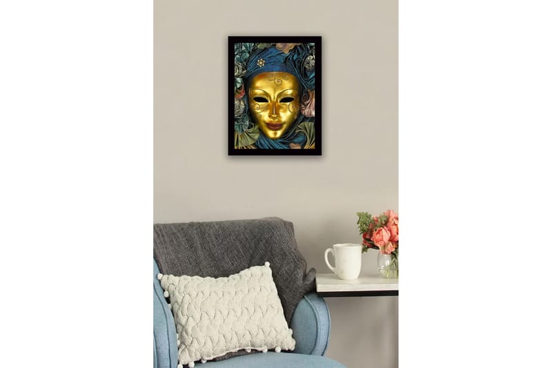 Inramad Canvastavla i trä - 41x56 cm - Guldmask med detaljerad dekoration och draperad klädnad i blått och grönt - Guld / Mörkblå / Grön - Inredning - Tavlor & konst