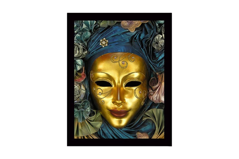 Inramad Canvastavla i trä - 41x56 cm - Guldmask med detaljerad dekoration och draperad klädnad i blått och grönt - Guld / Mörkblå / Grön - Inredning - Tavlor & konst