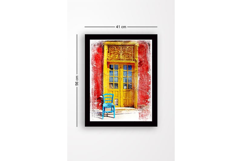 Inramad Canvastavla i trä - 41x56 cm - Gyllene dörr med en blå stol framför på en röd vägg - Gult / Blått / Rött - Inredning - Tavlor & konst